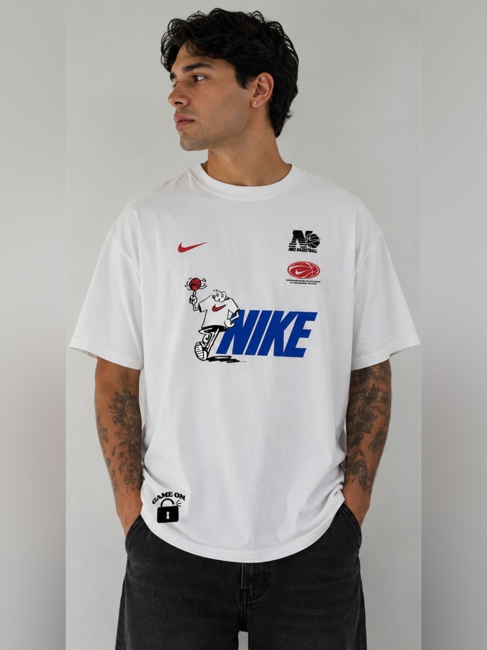Nike Basketball Graphic T-Shirt XXL White Loose Fit Double Sided Graphic